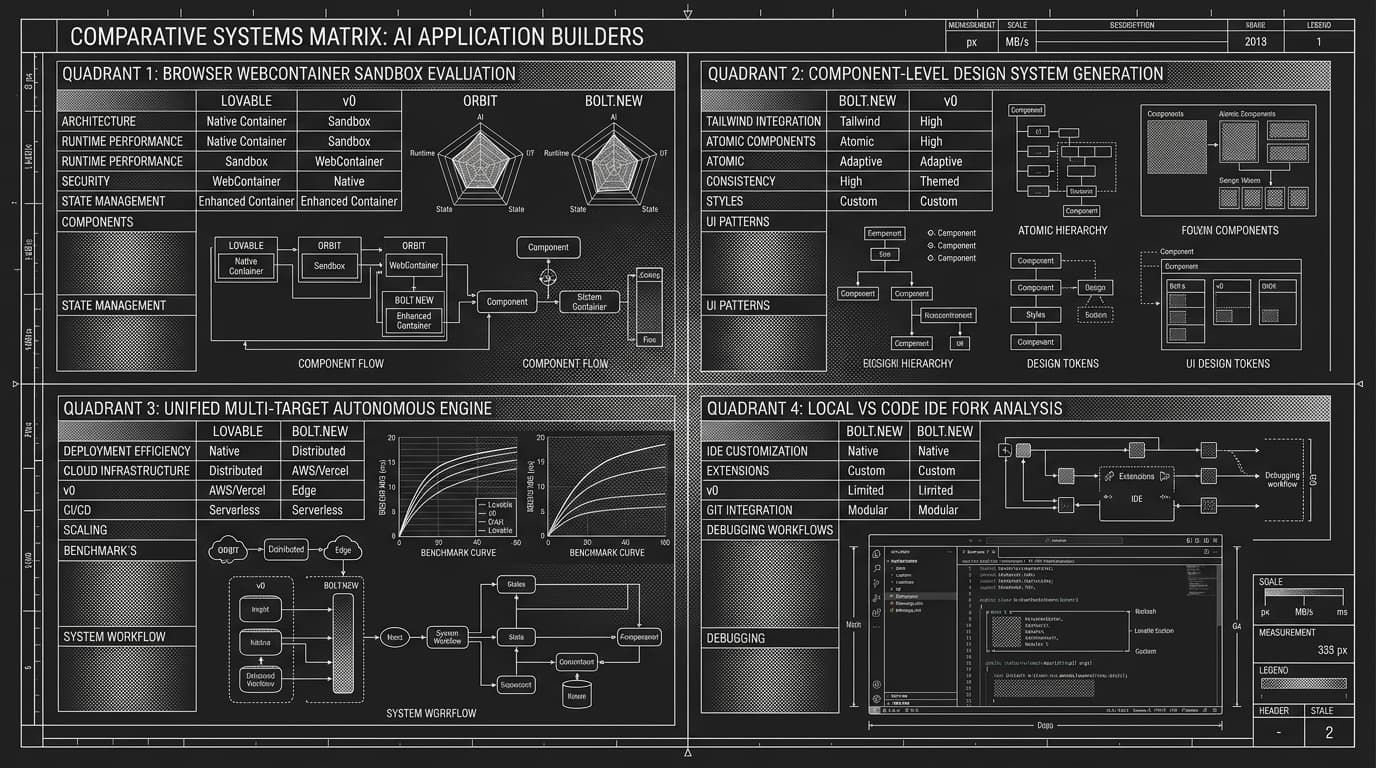 Monochrome CAD engineering schematic of 4-quadrant comparative systems matrix evaluating Lovable, v0, Orbit, and Bolt.new