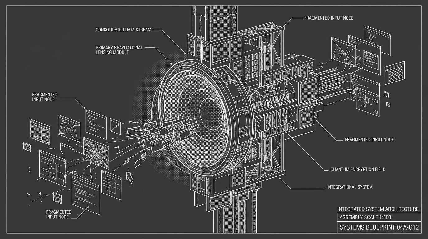 Integrated systems architecture blueprint in monochrome technical stipple texture showing consolidation of fragmented tools into a single workspace