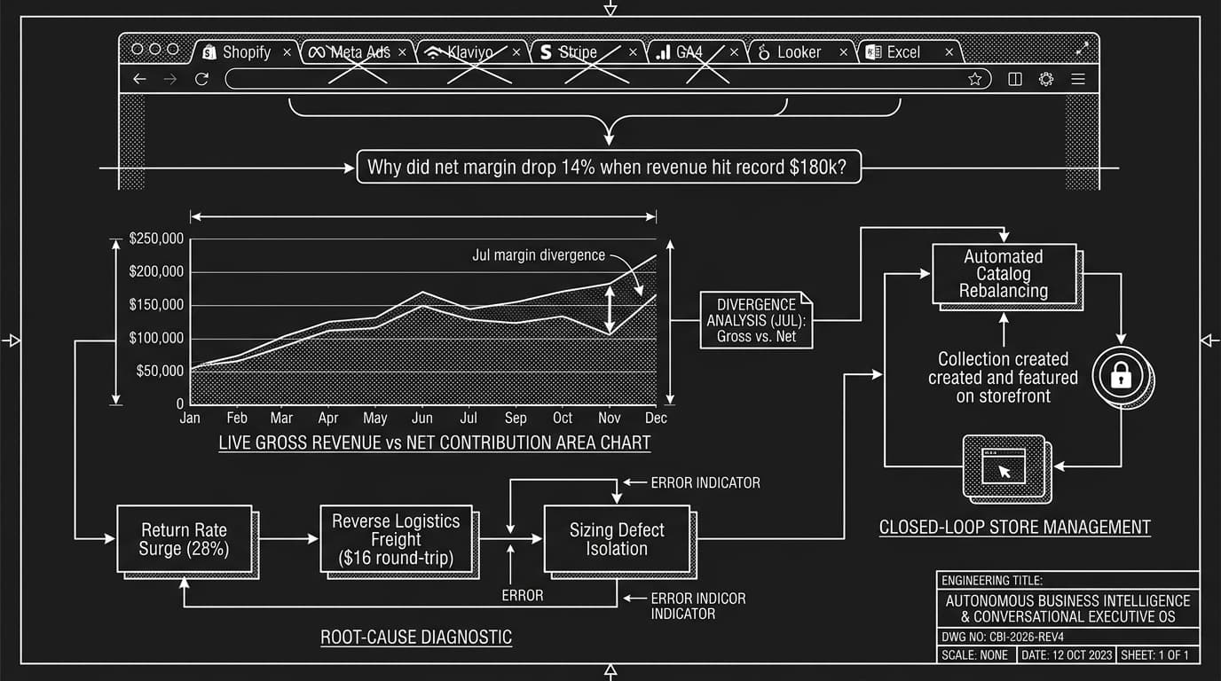 Monochrome architectural CAD blueprint schematic of an AI Business Intelligence and Conversational Executive Operations System with natural language query node, dual data flow diagnostic engine, and closed-loop execution circuit