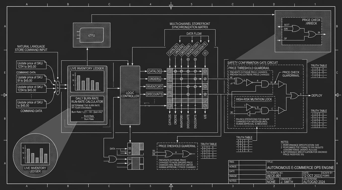 Monochrome architectural CAD blueprint of an autonomous conversational e-commerce operations engine showing natural language command pipeline, inventory run-rate calculator, and safety confirmation gates