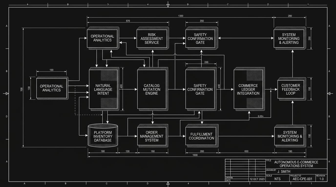 Monochrome architectural CAD blueprint schematic of an Autonomous E-Commerce Operations System and Control Plane Engine with natural language intent node, catalog mutation engine, and safety confirmation gates