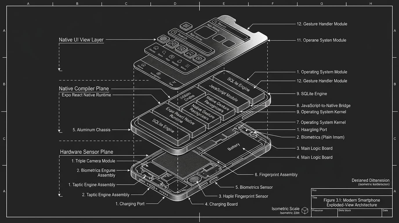 Exploded-view isometric architectural blueprint of smartphone device in monochrome stipple texture detailing native Expo React Native runtime layers