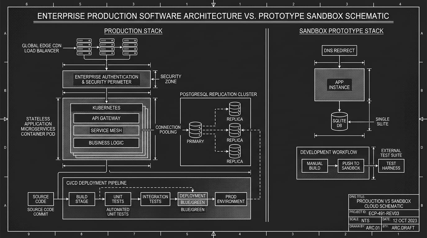 Monochrome architectural CAD blueprint comparing enterprise cloud production software architecture against prototype sandbox