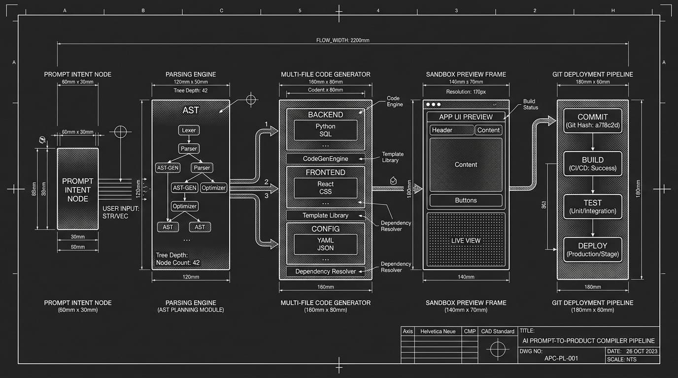 Monochrome architectural CAD blueprint of prompt-to-product continuous compiler pipeline