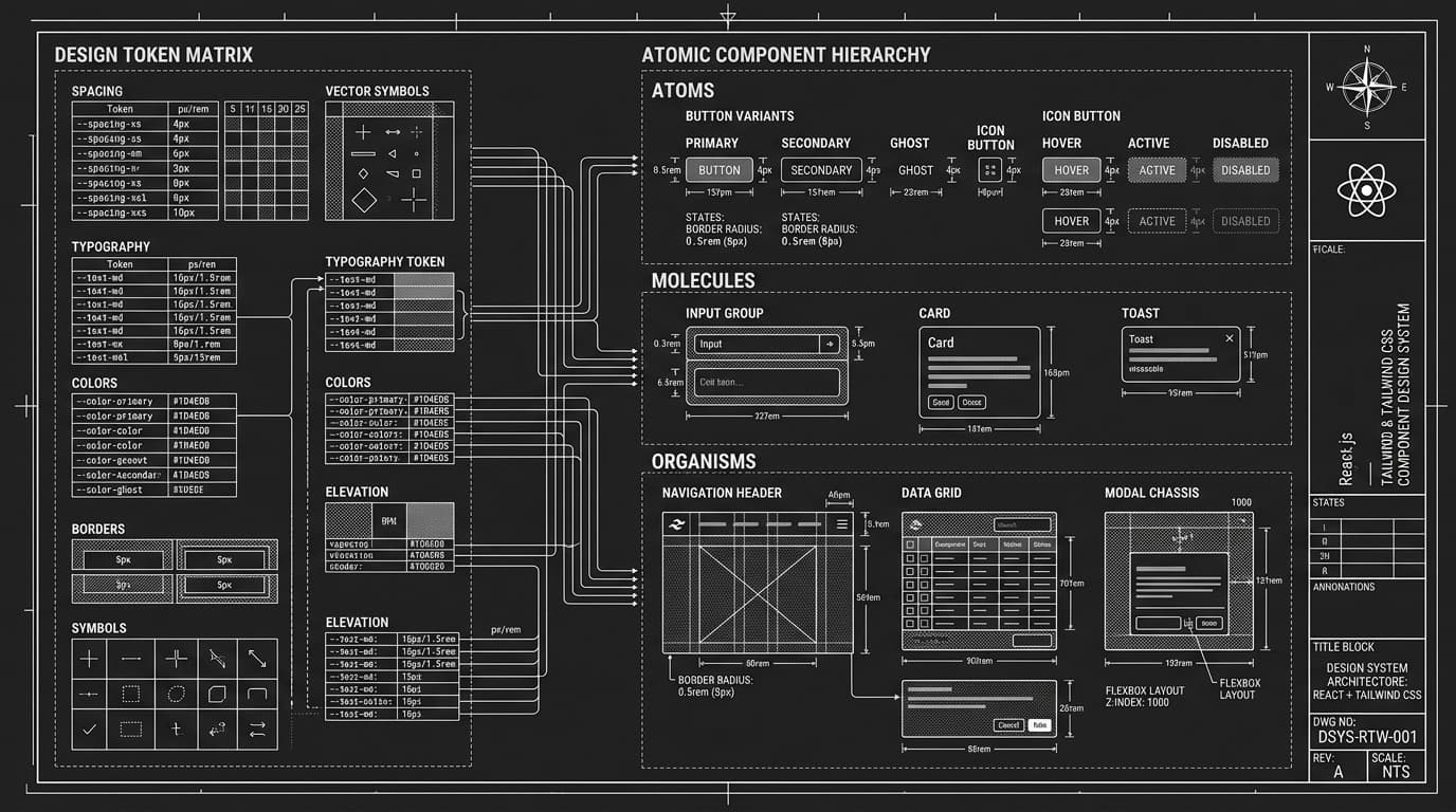 Monochrome architectural CAD blueprint of React component hierarchy and Tailwind CSS design token matrix