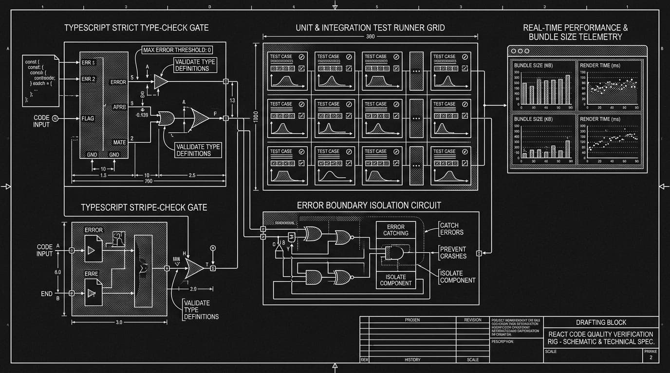 Monochrome engineering schematic of production React code quality verification test rig and type-check gates