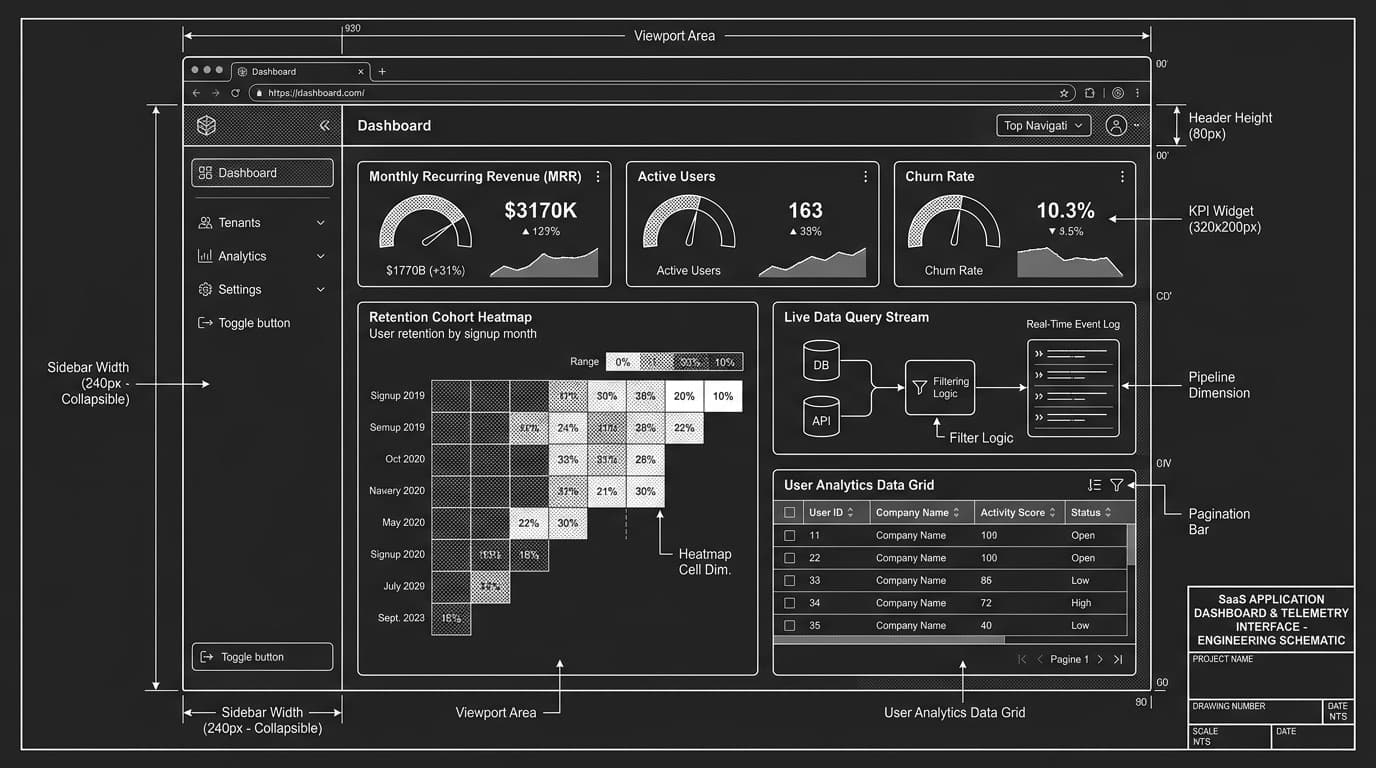 Monochrome architectural CAD blueprint of multi-tenant SaaS application dashboard and analytics telemetry interface