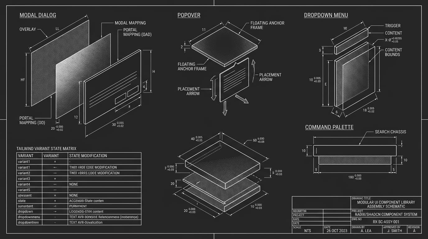Monochrome architectural exploded CAD assembly of Radix UI and shadcn component library primitives