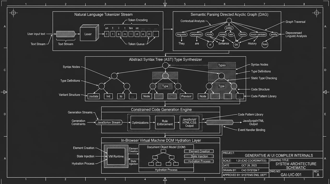Monochrome technical drafting schematic of generative AI UI compiler internals, token stream, AST, and DOM hydration